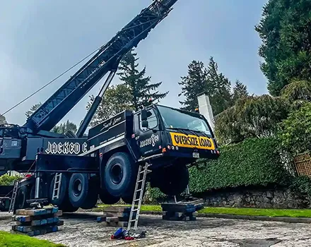 A heavy-duty black Jacked Co crane displaying an "OVERSIZE LOAD" banner, stabilized on extensive wooden cribbing and outriggers, extending its boom over tall pine trees in a residential neighborhood.